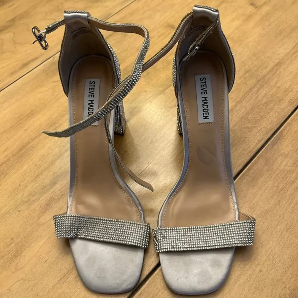 Steve Madden Franky Spark Silver Bedazzled Crystal Open Toe Strap Heels Size 9.5 - Image 2