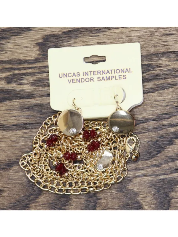 NWT Triple Chain Layer Disc Pendant Earring Necklace Set Gold / Red 16" + 3" - Image 2