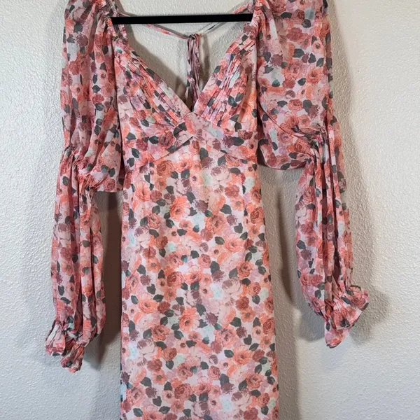 Lena Pink Orange Floral Boho Mini Dress Womens M Balloon Sleeve Spring Baddie - Image 9