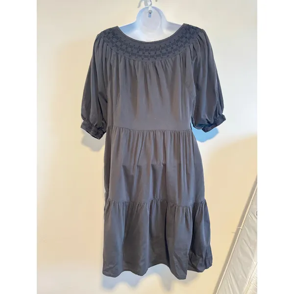 Old Navy XS Black‎ Puff Sleeve Babydoll Dress Smocked Neckline Tiered Cotton - Image 2