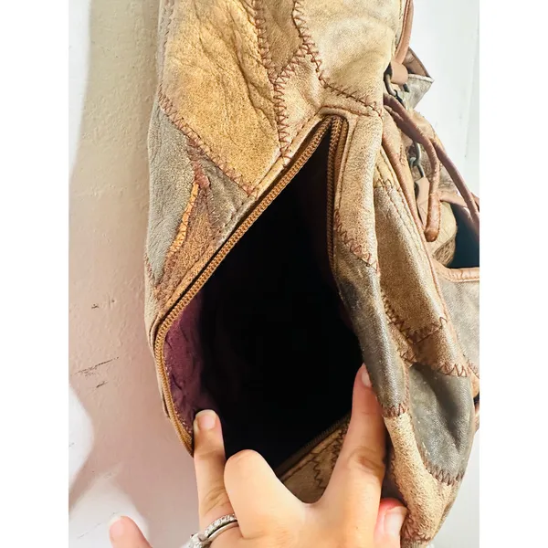 Vintage 1980s/90s Brown Leather Patchwork Clip Front Drawstring Backpack Bag - Image 5