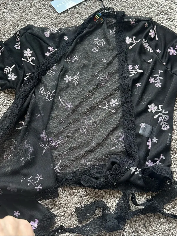 dELiA*s Black Sheer Floral Embroidered Wrap Top - Image 4