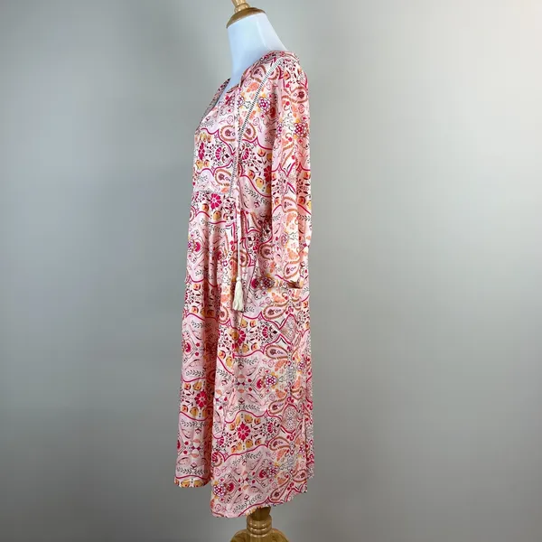 Sheilay Midi Dress Womens Large Pink Floral Tassel 3/4 Sleeve V-Neck‎ Summer NEW - Image 9