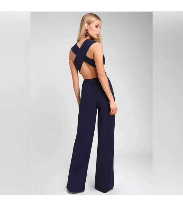 Sz S Thinking Out Loud Navy Blue Jumpsuit Criss Cross Cut Out Back - Image 5