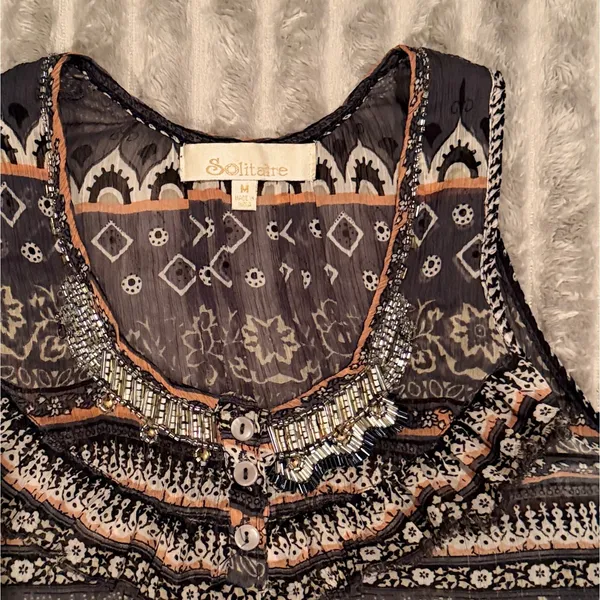 Solitaire Beaded Boho Tunic Tank Top Gray Paisley Ruffle Hem‎ Sleeveless Medium - Image 3