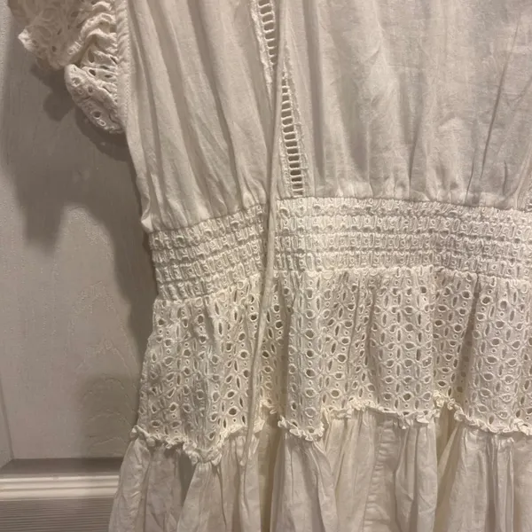 MISA Los Angeles Sarika White Eyelet Ruffle‎ Mini Dress Smocked Waist Medium - Image 5