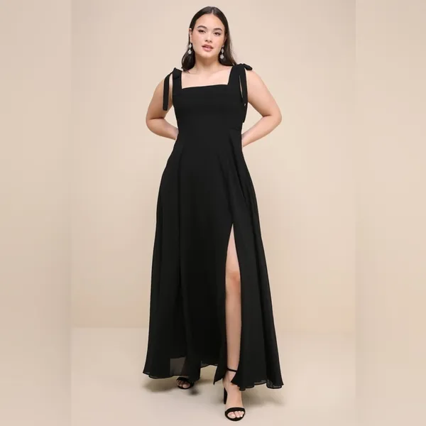 LULU’S Love Me Forever Black Tie Strap Square Neck Maxi Dress - Image 4