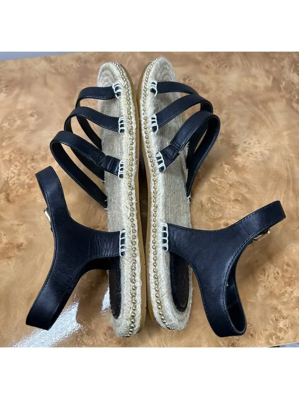NEW Coach Carissa C2794 Black Leather Espadrille Sandals Gold Trim 8.5B - Image 7