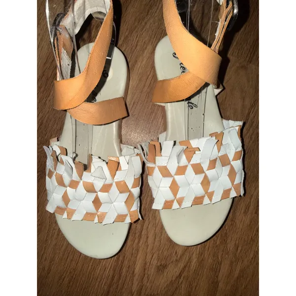 Free People Woven Leather Ankle Strap Platform Sandals Tan White Womens 6 Beach - Image 3