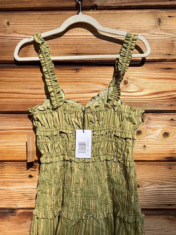 Few Moda o.p.t Freya Size M Green Striped Smocked Fit Flare Midi Cotton Dress - Image 10