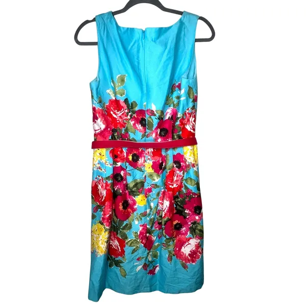 Chetta B‎ Floral Turquoise Fit Flare Dress Size 6 Pink Belted Sleeveless Garden - Image 12