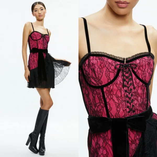 Alice + Olivia NEW Black Hot Wild Pink Chantil Lace Corset‎ Mini Dress US 4 $695 - Image 3