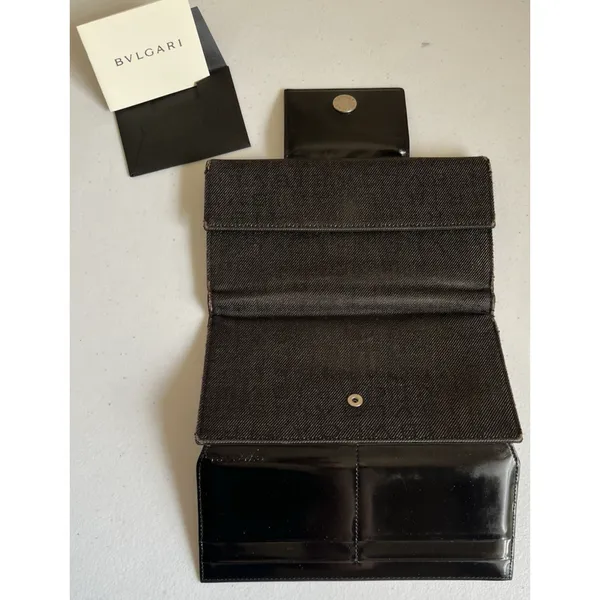 Authentic Bvlgari 7x4 Logomania Monogram Denim Patent Leather Long Wallet Italy - Image 15