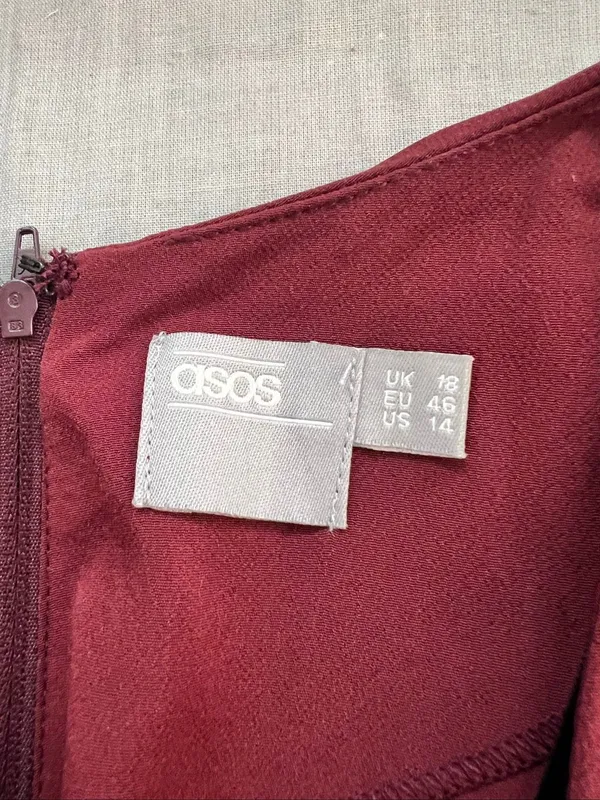ASOS Oxblood Drape Front Pleated Short Cap Sleeve Midi Pencil Dress Size 14 - Image 7