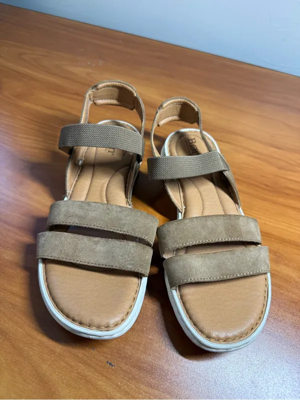 Born Tan Green Slingback Elastic Flat‎ Sandal Leather Suede Comfort Summer W7 - Image 5