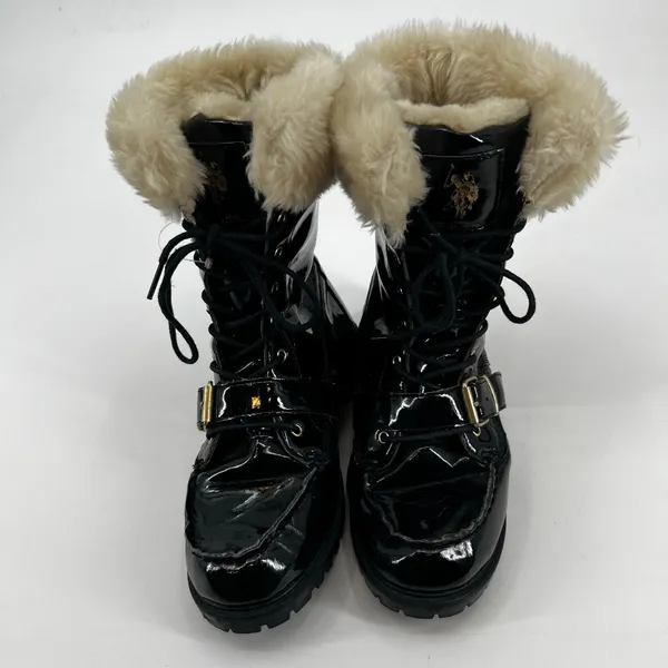 US Polo Assn Madison patent Black & Cream Faux Fur Lined Boots lace up logo 6.5 - Image 4