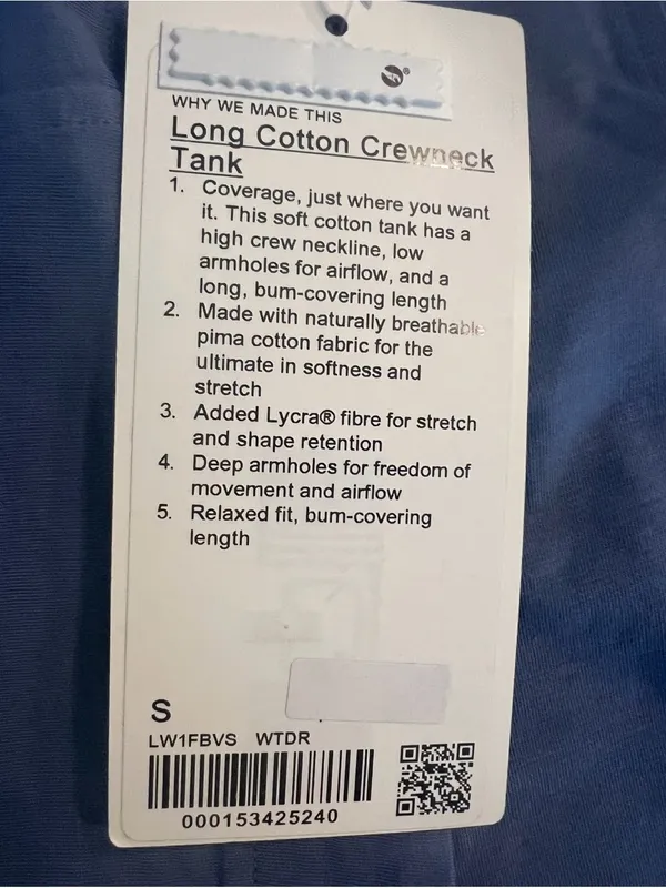 Lululemon Long Cotton Crewneck Tank Top Women’s Small Blue NWT LW1FBVS Pima Cott - Image 3