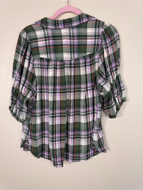 Pilcro Green Purple Plaid Henley Blouse Womens S Casual Fall Shirt Ruffled Boho - Image 2