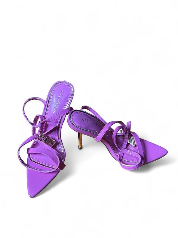 Liliana Pink Strappy Stiletto Heels Pointed Toe Gold Lock Y2K Glam Femme Fatale - Image 2