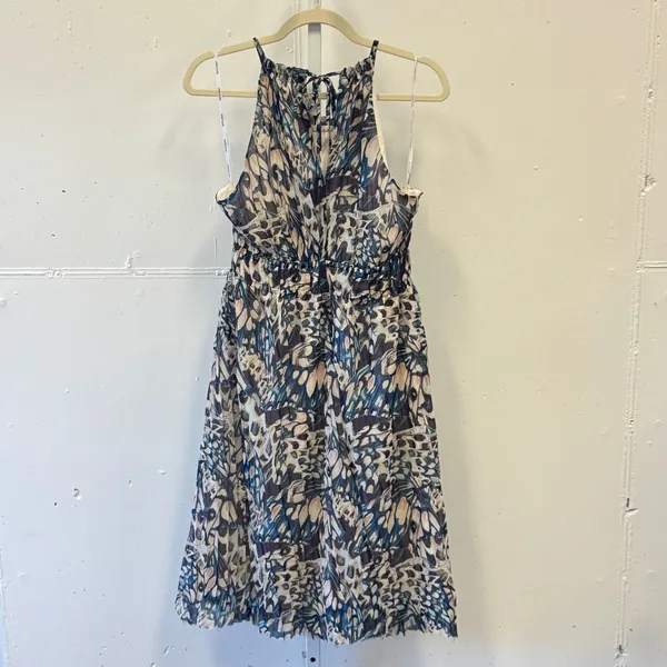 Anne Klein Butterfly Print Halter Midi Dress Blue Size 4 Ruffle‎ Neck Tie Back - Image 2
