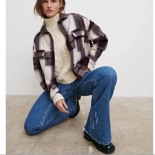 ✨HP✨Zara purple plaid cropped shacket over shirt✨ - Image 3