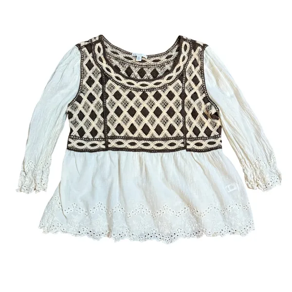 Crochet Lace Peplum Top Ivory Brown Eyelet‎ Sz XL - Image 5
