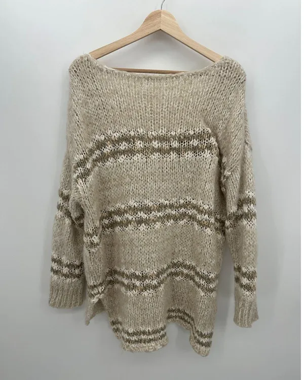 Free People Womens Cream Knit Chunky Oversized Sweater Fuzzy Size L Neutral Long - Image 2