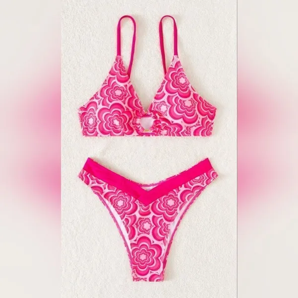 Pink Floral High Cut Bikini (S) Pink - Image 2