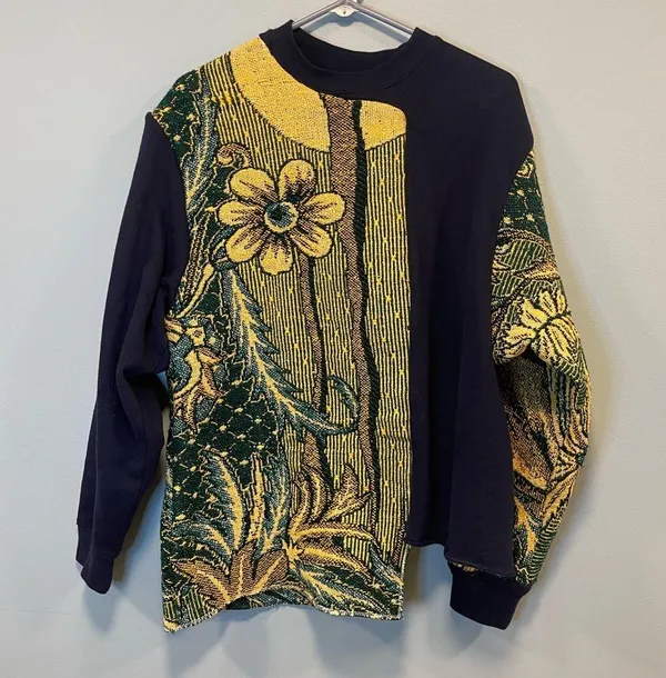 Tapestry blanket sweater Custom reworked floral navy tapestry sweater size large - Image 5