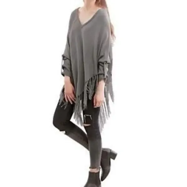 ✨VENUS Gray V-Neck Fringe Tassel Hem Button Cuff Sz S Poncho Sweater✨ - Image 3