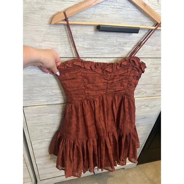 Altar'd State Floral Burnout Ruched Tiered Mini Dress Rust Brown XS - Image 2