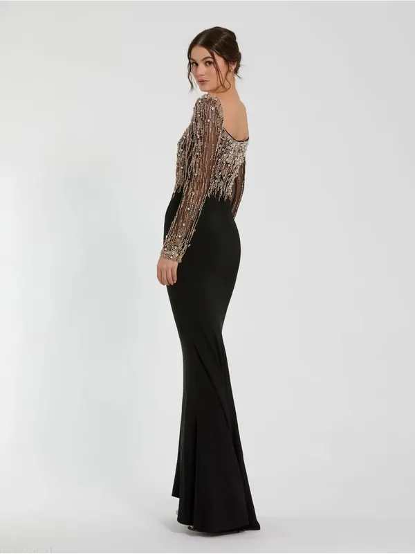 Mac Duggal 2256 Black Beaded Square Neck Long Sleeve Jersey Gown sz 20 NWOT - Image 3