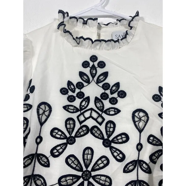 SAYLOR Ivory Mini Dress with Black Floral Embroidery Size XS 100% Cotton - Image 6