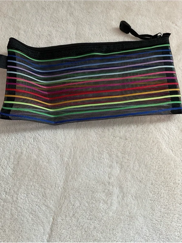 Multi-Stripe Cosmetic Pouch - Black with Rainbow Stripes - Image 2