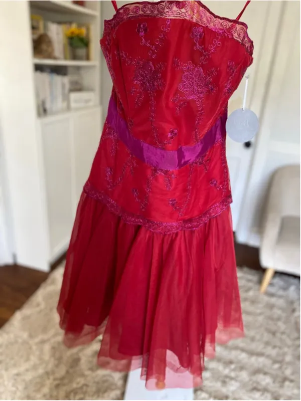 Pearl‎ Marchesa Mini Dress Red Strapless Embroidered Tulle Cocktail Glamour Luxe - Image 2