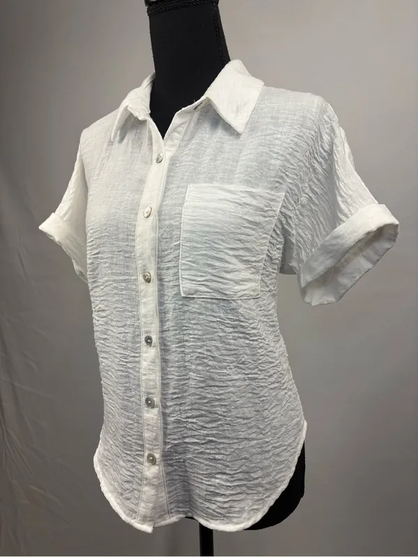 Monteau White Crinkled Short Sleeve Button-Down Shirt Medium - Image 4