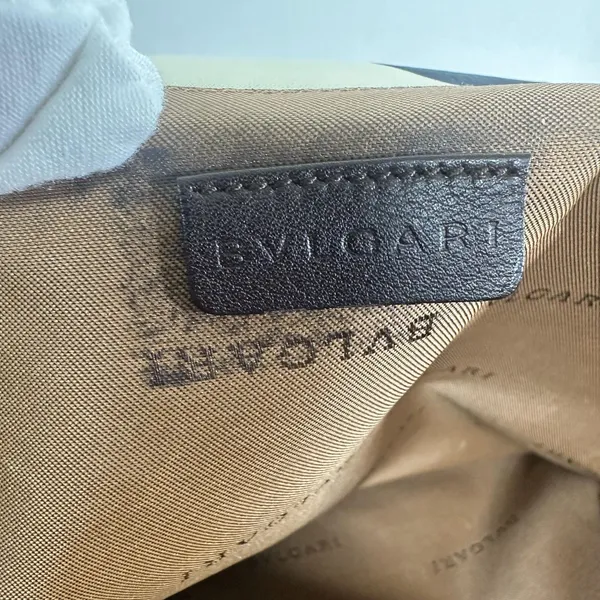 Bvlgari Canvas Top Handle Bag Medium Cream Abstract Ring Leather Handles Italy - Image 4