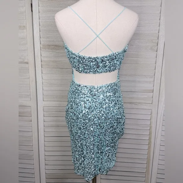 WINDSOR Blue Sequined Bodycon Mini Dress with Draped Neck & Cutout Back-Medium - Image 3