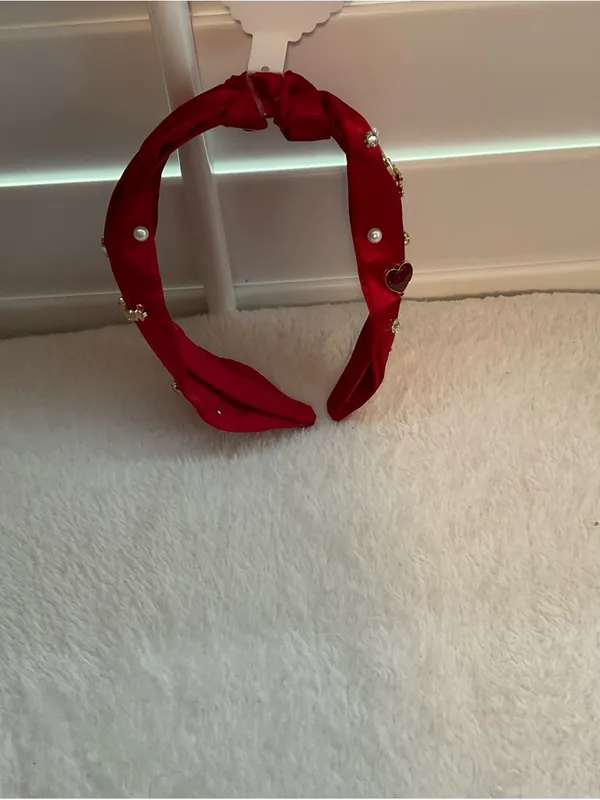 Primark Red Satin Knotted Headband with Pearl & Gold Details - Image 3