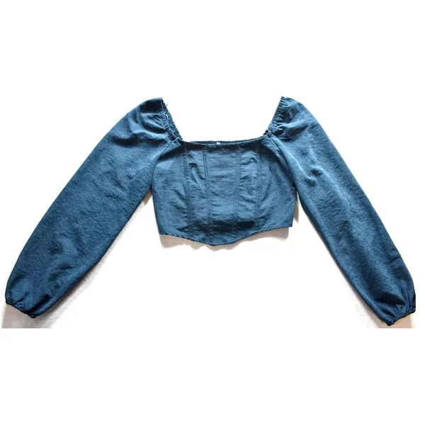 Kirious Los Angeles Teal Corset Crop Top Long Puff Sleeve Smocked Back Small - Image 4