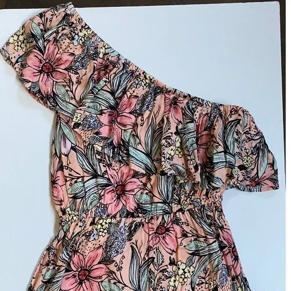 MINKPINK Womens Pink Floral One Shoulder Asymmetric Ruffle Mini Dress‎ Size S - Image 7