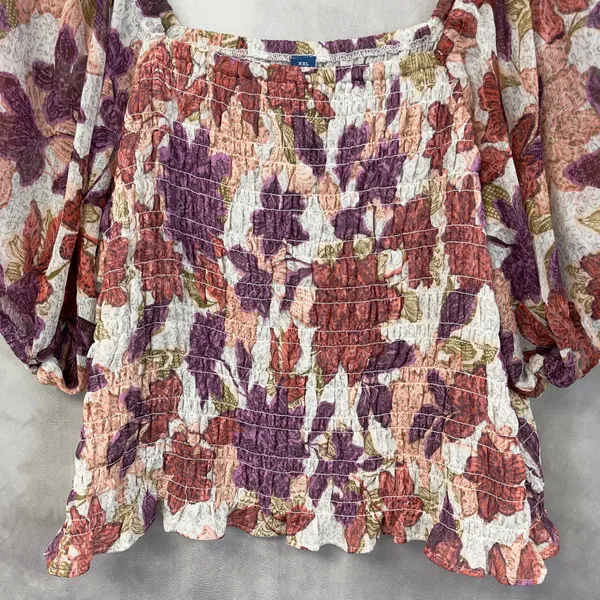 Old Navy Smocked Puff Sleeve Floral Top Women XXL Stretch‎ Flowy Cottage Boho - Image 3