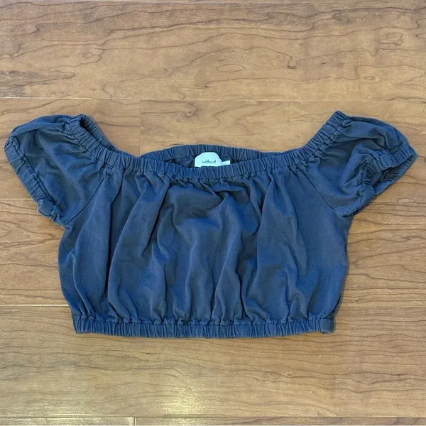 WILFRED ARITZIA Smocked Adelisa Crop Top Grey Off‎ Shoulder Cold Shoulder Small - Image 2