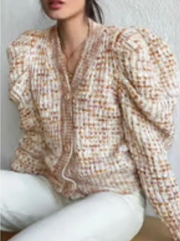 Jacquie The Label V Neck Puff Sleeve Fiora Cardigan Knit Sweater Small Tan Fawn - Image 3