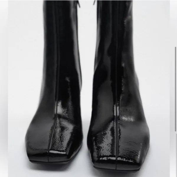 Black Patent Glossy Shine Leather Ankle Boots Block Heel Square Toe - Image 4