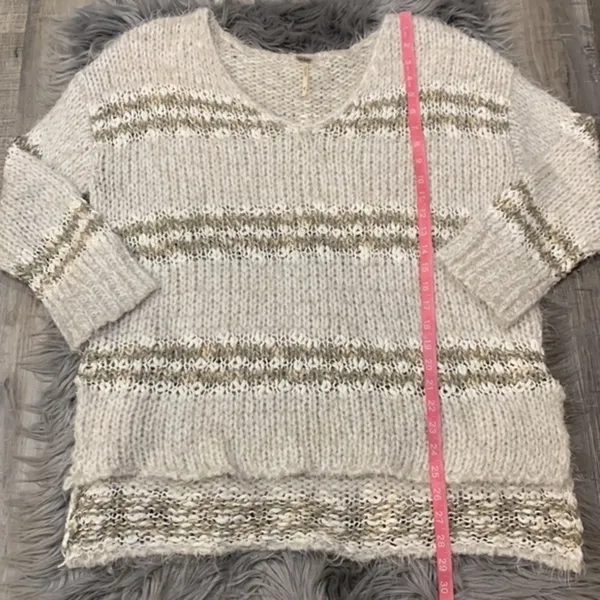 Free People Linus fuzzy striped sweater cotton wool blend in natural M - Image 7