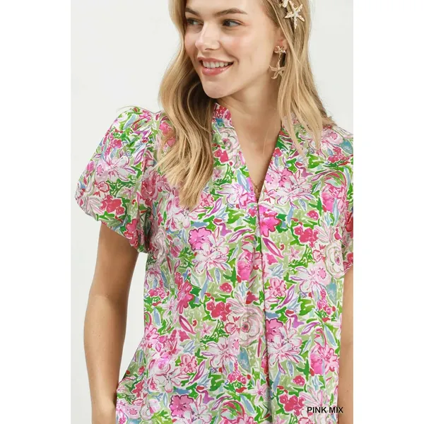 Umgee‎ Floral Puff Sleeve Blouse - Pink mix - Small - Image 4