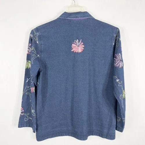 Jane Ashley Medium Petite Top Shacket Beaded‎ Denim Blue Embroidered Button 311 - Image 2