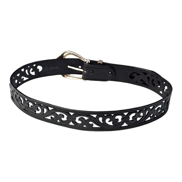 Brighton Black Pierced Leather Belt with Silver Western Buckle Sz L 34 - Image 3