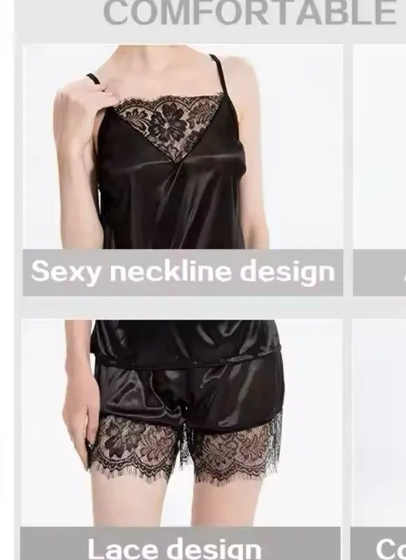 Ice Silk Lace edge 2pc set: shorts + sleeveless top Home wear Pajama Lingerie - Image 4